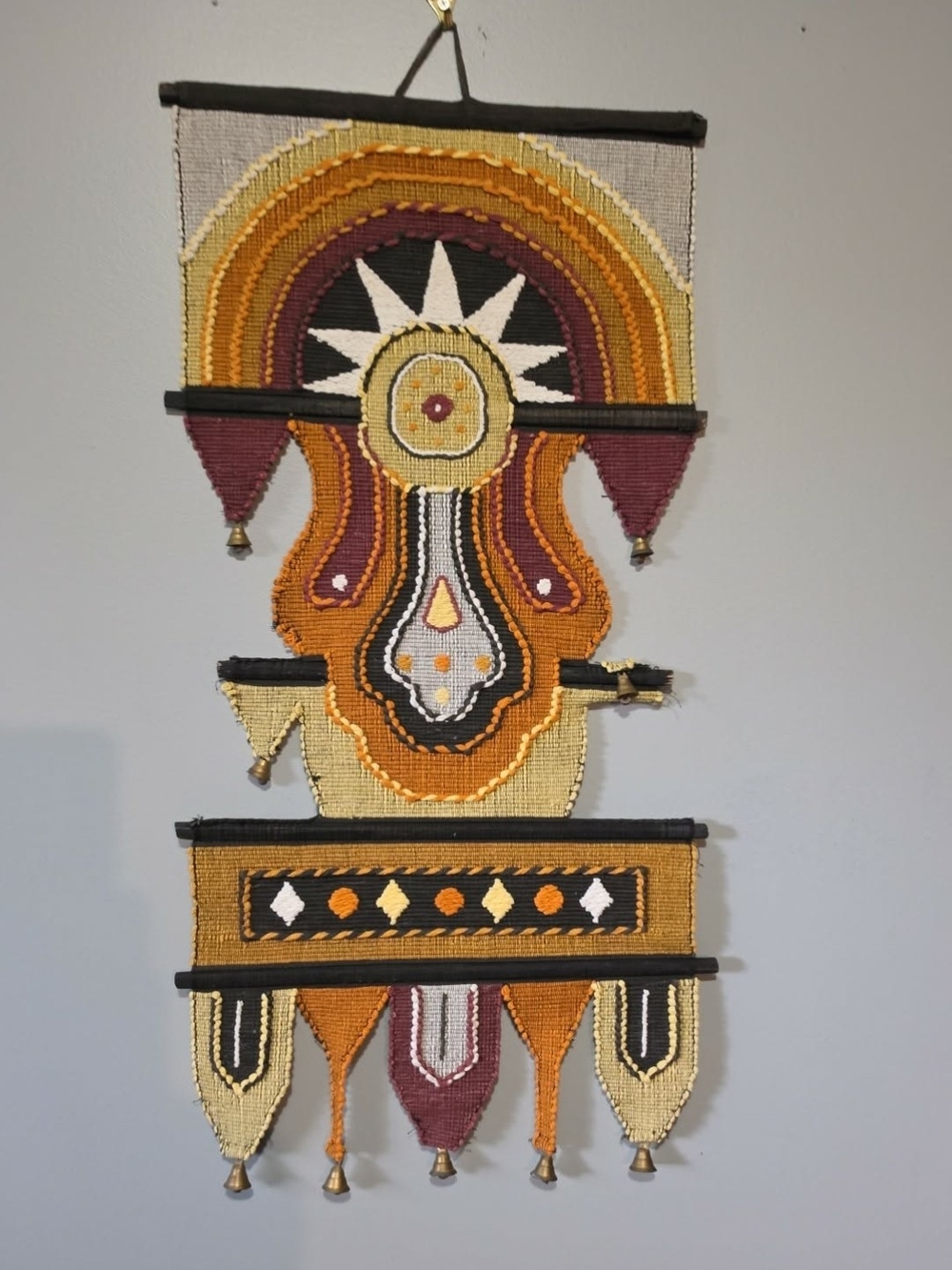 Vintage Mcm Boho Handmade Mustard & Maroon Beaded Wall Hanging